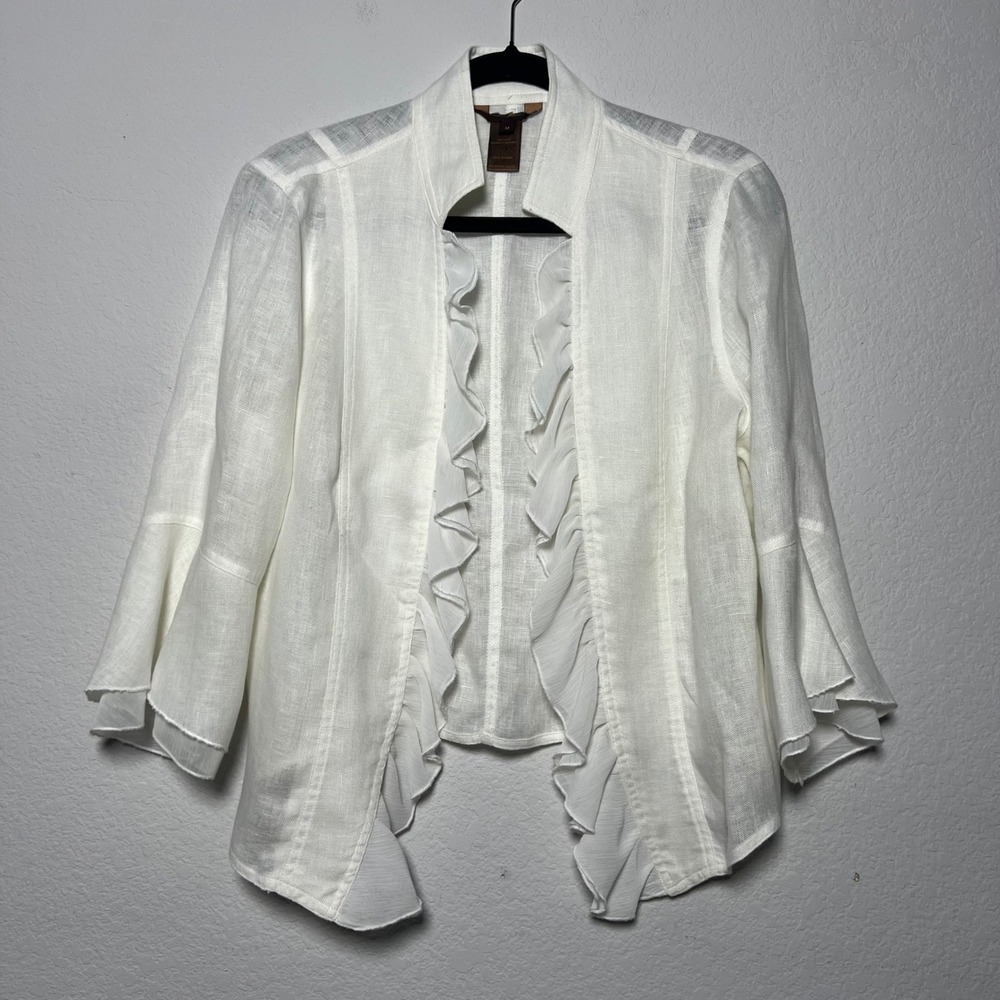 White Linen Ruffle Open Front Jacket M Womens Boho Bell Sleeve‎ Coastal Grandma